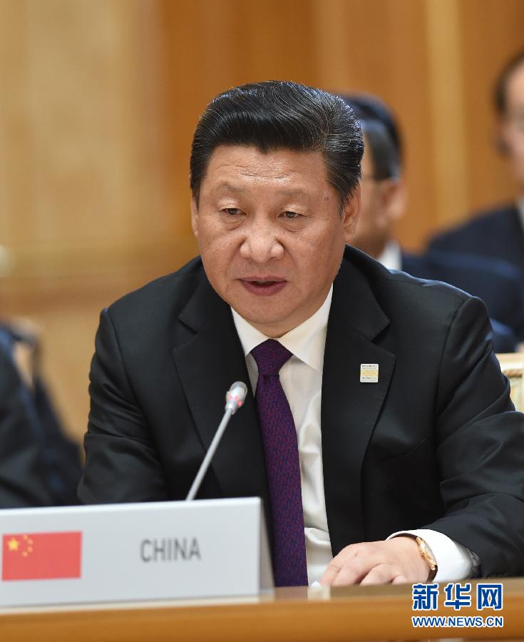 7月9日，金磚國家領導人第七次會晤在俄羅斯烏法舉行。中國國家主席習近平、俄羅斯總統普京、巴西總統羅塞夫、印度總理莫迪、南非總統祖馬出席。這是習近平發表題為《共建伙伴關系　共創美好未來》的主旨講話。新華社記者 饒愛民 攝 